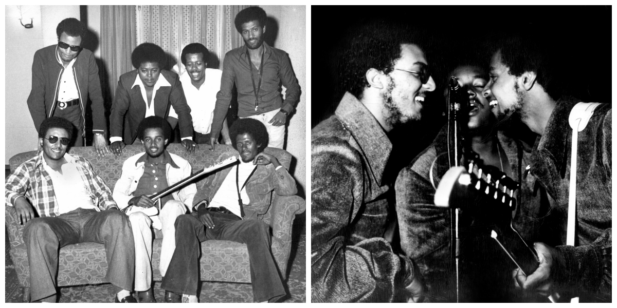 Two archival, black and white photos of Ibex Band. On the left, the group is seated and standing around a couch; on the right, three of the group's musicians are performing, grouped around a microphones into which they are collectively singing